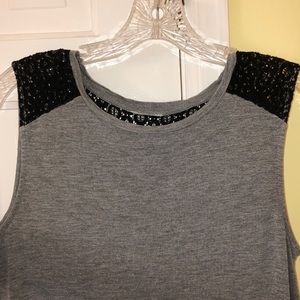 Gray tank w/ black lace on shoulders & upper back